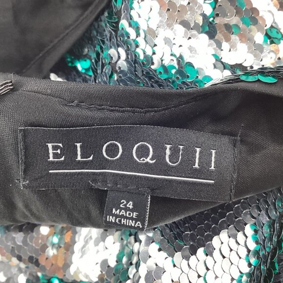 NWT ELOQUII Long Sleeve V-Neck Reversible Sequin Dress Silver Green Sz 24 Party - Picture 2 of 13